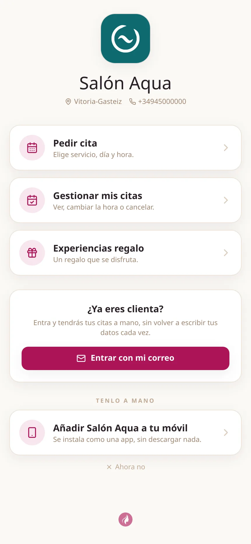 La página del Salón Aqua en el móvil, con su logo y sus tres opciones.