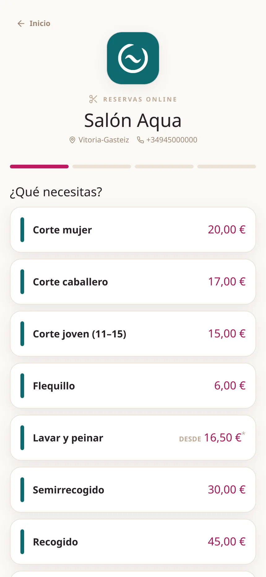 Elegir servicio en la reserva online, con los precios por longitud.
