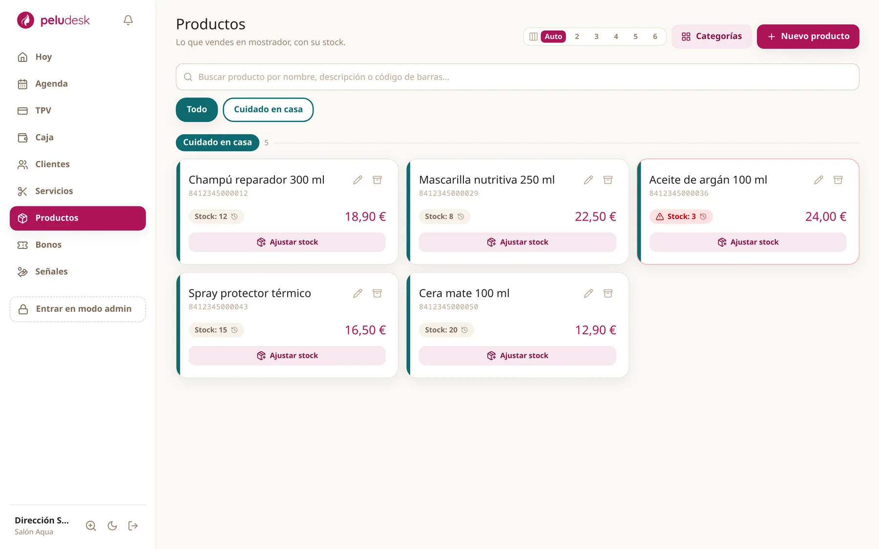 La lista de productos con su stock.