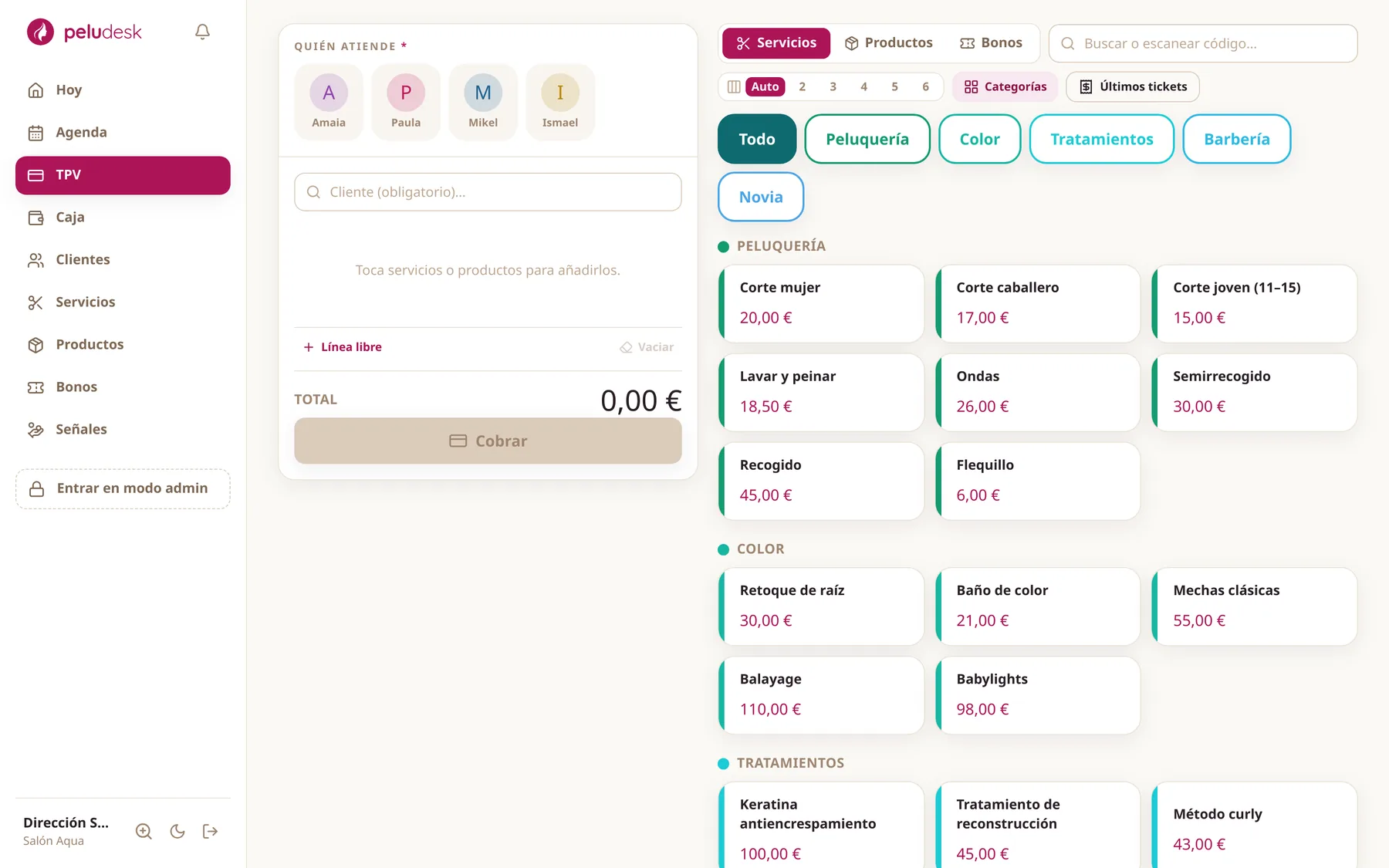 El TPV del Salón Aqua, con sus servicios por categorías y la caja abierta.